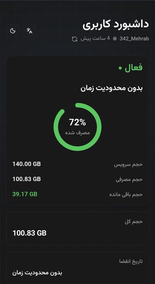 داشبورد کاربری لینک سابسکریپشن — مشاهده مصرف، حجم و زمان باقی‌مانده